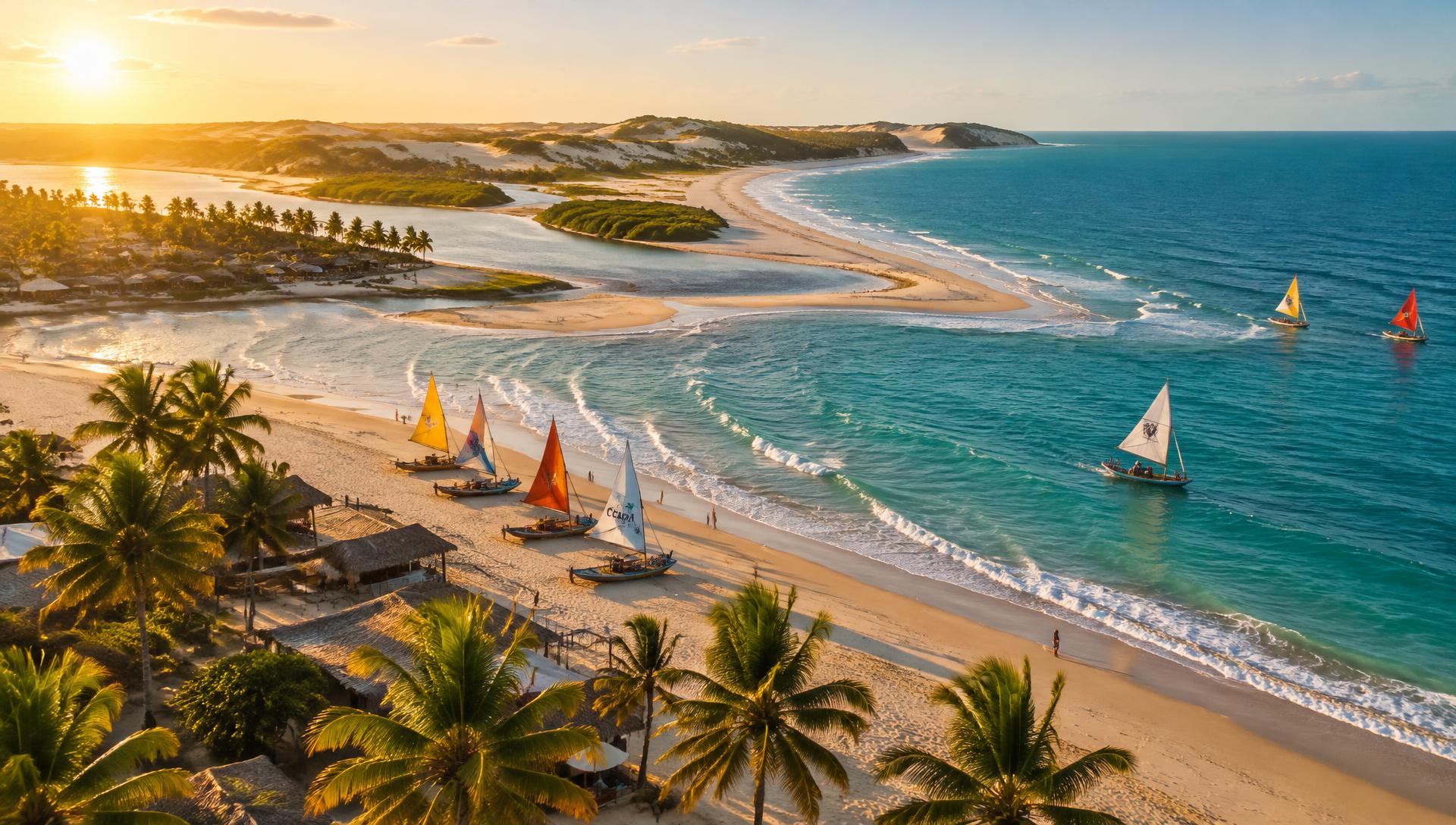 Vista das praias de Fortim, no Ceará, com dunas e coqueiros