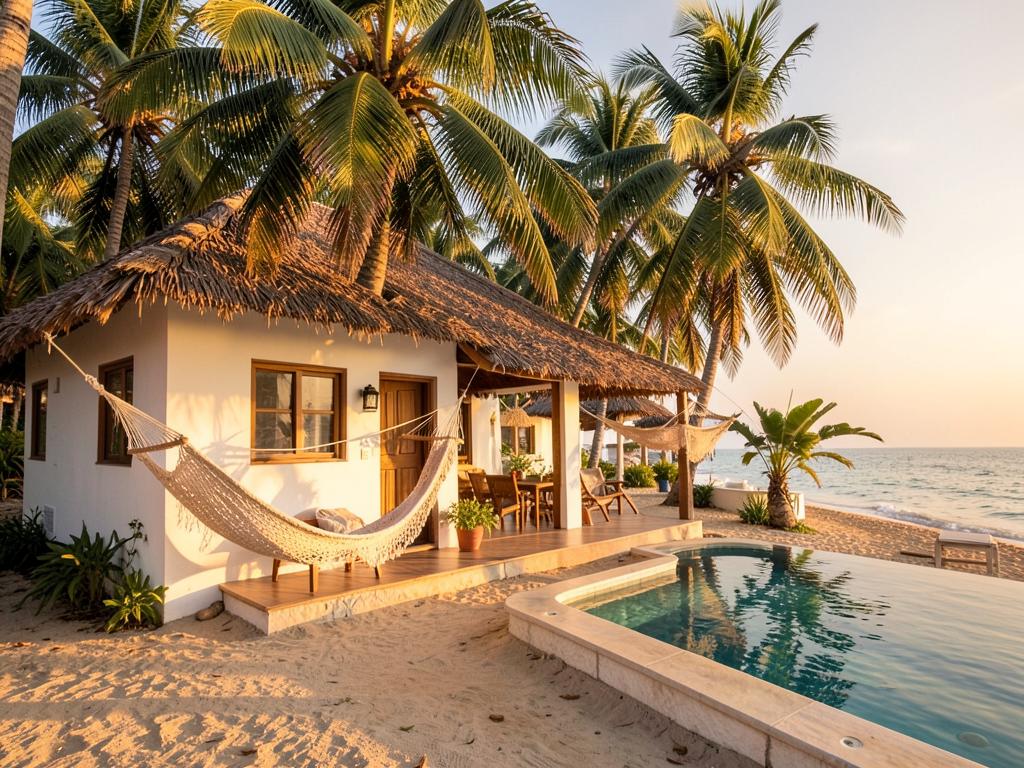 Pousada à beira-mar com redes, piscina e coqueiros